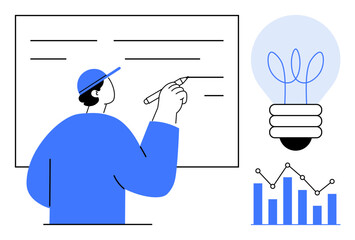 Person writing on a whiteboard with a pen, adjacent to a glowing lightbulb and a bar and line graph. Ideal for brainstorming, business planning, creativity, education, innovation, strategy, analysis