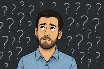 A bearded man in a blue shirt looks upward with an expression of confusion. He is surrounded by question marks on a dark background.AI generated.