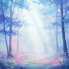 Misty Forest Path with Ethereal Sunbeams and Flowers.