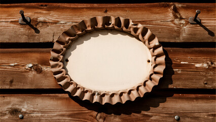 Decorative empty plate with a ruffled edge is mounted on a rustic wooden wall, showcasing a warm natural texture and inviting space for personalized messages or signage