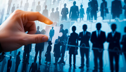 Close-up hand placing puzzle piece with human figure into puzzle board filled with silhouettes of professionals