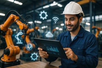 Industrial engineer analyzing automation data in a smart factory workshop environment digital interface professional viewpoint for enhanced productivity