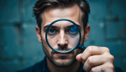 Man in dark shirt holding magnifying glass toward camera, blurred background