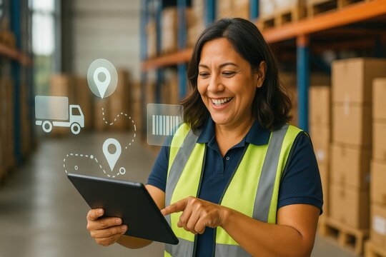 Efficient logistics management in a warehouse a smiling woman using a tablet to track inventory and deliveries indoor environment engaging viewpoint
