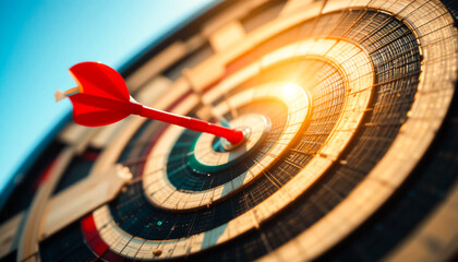 Close-up dartboard with single red dart hitting bullseye in center, strong sunlight flare behind