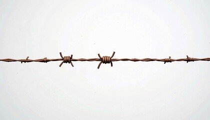 Detailed close-up rusty barbed wire isolated on white background, concept of restriction, security