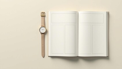 Top-down view of a bullet journal for year-end planning with a classic watch.