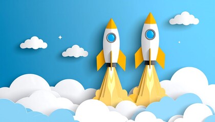 Two rockets launching from a cloud-filled sky