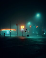 Foggy Night Scene at Gas Station with Neon Lights and Traffic Signals