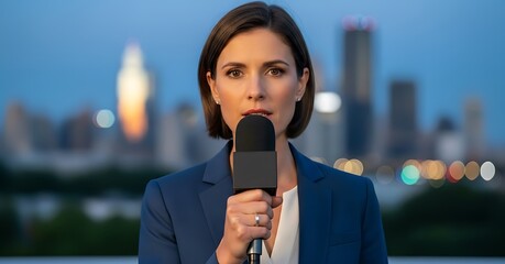 Professional Female Journalist Reporting Live Outdoors with Microphone and Blurred City Skyline at Dusk for News Broadcast