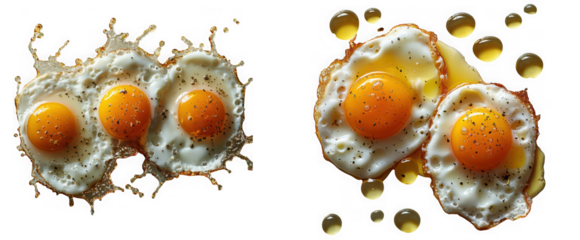 Two groups of fried eggs with runny yolks are captured midsplash, isolated on transparent background, creating a dynamic and appetizing image of breakfast
