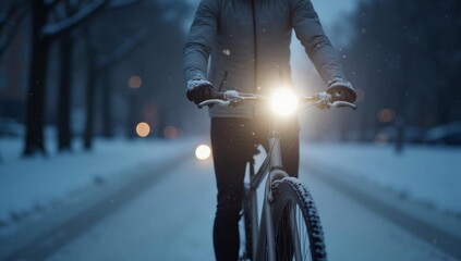 Man focused on winter cycling commute safety with a bright headlight.