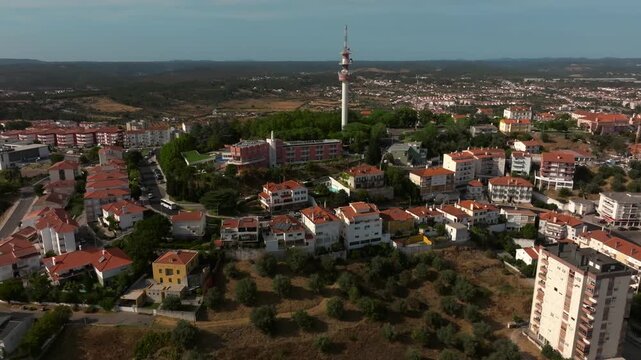 Drone Panoramic View of Abrantes Town with Telecommunication Tower, Portugal