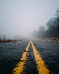 Misty Roadway with Yellow Lines in the Foggy Forest Landscape