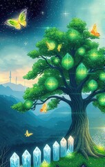 A magical, luminous Tree of Life with glowing green crystal leaves and ethereal butterflies in a serene fantasy landscape