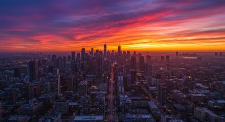 A breathtaking cityscape panorama at sunrise, showcasing a vibrant array of warm colors in the sky, contrasted by the dark silhouettes of modern skyscrapers.