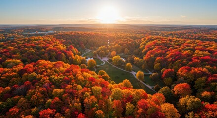 A breathtaking aerial view of a park ablaze with autumn foliage, bathed in the warm glow of a setting sun.