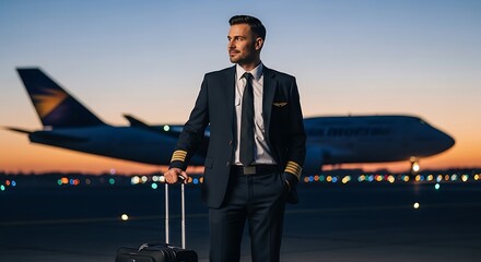 Confident Professional Pilot Standing With Luggage On Airport Tarmac Next To Airplane With Sunset Sky