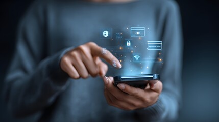 Womans Hand Interacting with Holographic Icons on Smartphone Screen Digital Banking.