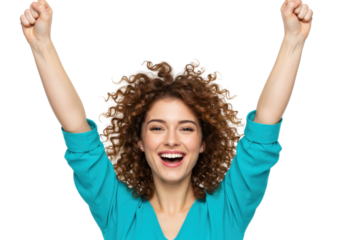 Isolated young adult woman raises her arms in a gesture of success and great enthusiasm