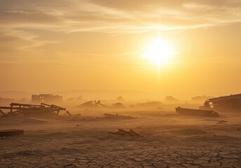 A golden sunrise illuminates the desolate landscape of a broken city, casting long shadows over the cracked earth.