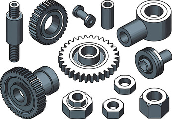 Collection of various metal machine parts including gears nuts bolts and cylindrical components isolated on a white background