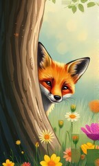 Whimsical digital painting of a cute fox peeking out from behind a tree in a beautiful, sunlit enchanted forest