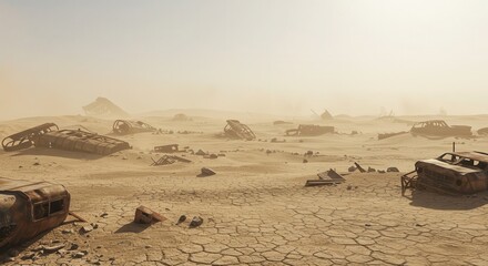 A desolate, sun-baked desert landscape, strewn with rusted, broken vehicles, evokes a sense of forgotten civilizations.