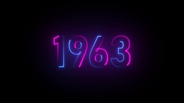 Neon glowing year 1963 in pink and blue on black background number