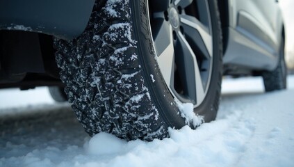 Close-up of a winter tire on a car parked in deep snow.