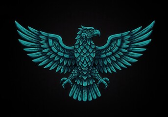 A stylized, teal-hued eagle design, with intricate details, takes flight against a stark black backdrop.