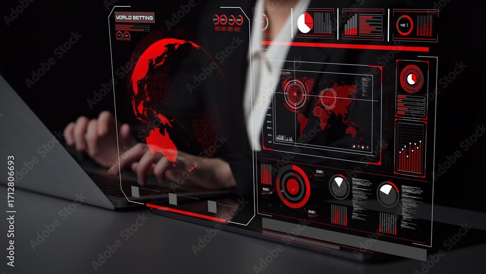 Poster high-tech global network connection interface showing worldwide digital communication, data exchange