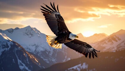 Naklejka premium Majestic Bald Eagle Soaring Above Snowy Mountain Peaks at Sunset, Beautiful Wildlife