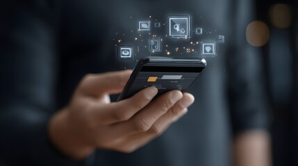 Person holding smartphone with holographic financial icons and credit card symbolizing digital transactions and online banking.