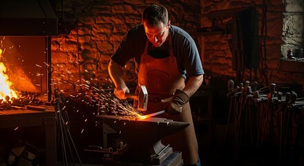 Skilled Blacksmith Hammering Hot Metal on Anvil in Smoky Forge Creating Sparks Creating Traditional Handcrafted Steel Tools and Objects in Historic Workshop