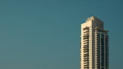 Tall modern skyscraper against a clear blue sky with sunlight reflecting off its glass facade, showcasing a minima architectural design and multiple balconies.