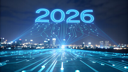 Futuristic 2026 digital cityscape glowing with bright lights and abstract network connections symbolizing technology and progress