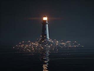 Naklejka premium Minimalist 3D Lighthouse in Ocean with Glowing Light and Network Connections on Dark Background