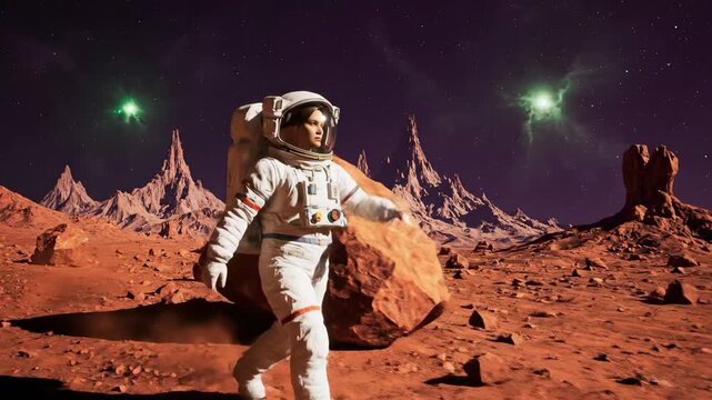Astronaut Exploring Alien Planet - A female astronaut in a spacesuit explores a rocky, red alien planet under a starry night sky. Two luminous green celestial phenomena are visible in the distance.