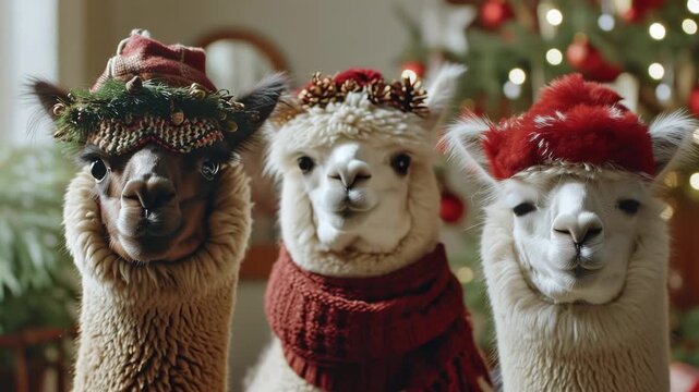 Three llamas wearing red hats and scarves. One of the llamas is wearing a red hat with a pinecone on it