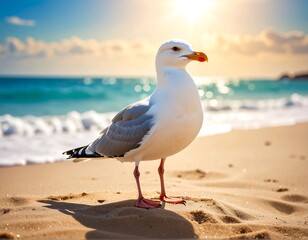 Seagull on a sandy beach at sunset