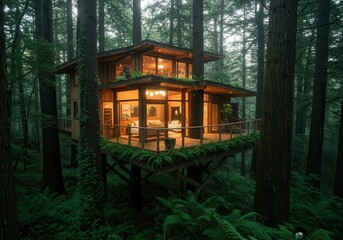 A serene treehouse nestled within a lush forest, illuminated by warm interior light.