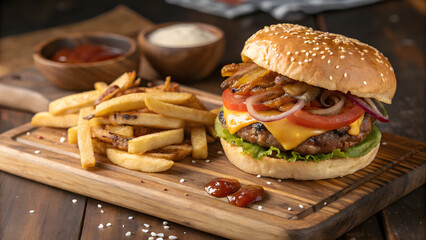 Juicy gourmet burger loaded with toppings served with crispy golden french fries on a rustic wooden board