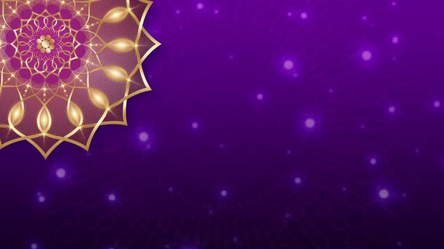 Animation of gold luxury sparkling mandala background in arabesque pattern Arabic or Indian style. Motion Graphics Video  Rotating. Purple Galaxy Background, shiny light particles, copy space for text