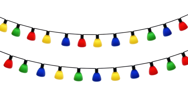 Isolated strand of multi colored Christmas holiday lights for party decoration and celebration