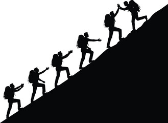 Silhouette hikers climbing steep mountain slope, teamwork helping each other, outdoor adventure trekking, leadership cooperation perseverance success exploration challenge ascent