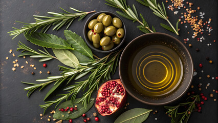 Gourmet culinary ingredients fresh herbs olives oil pomegranate seeds and spices for mediterranean cuisine