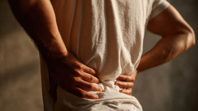 Man in white t-shirt standing with hands on lower back, experiencing discomfort, illuminated by warm light, indoor setting, focus on posture and expression.