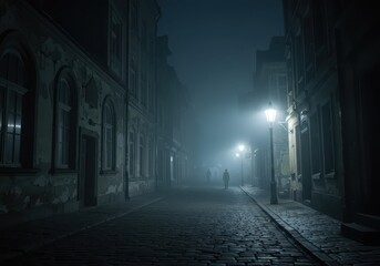 A narrow, cobblestone street at night, shrouded in a mystical fog, with old buildings lining each side, and a solitary figure walking under the light of street lamps.