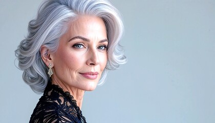 Elegant and beautiful senior woman with perfect and stylish haircut, hairstyle and make up